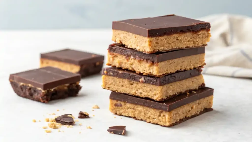 A neat stack of no-bake chocolate peanut butter bars, a perfect example of easy sweet treats for a party.