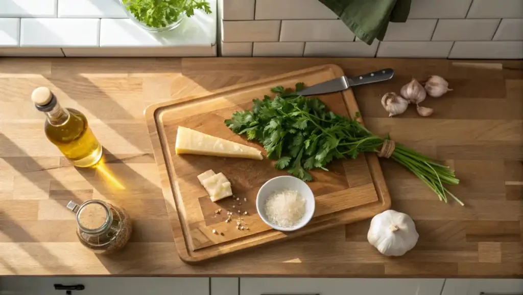 Fresh ingredients like cream and Parmesan cheese laid out for a homemade Alfredo Sauce recipe