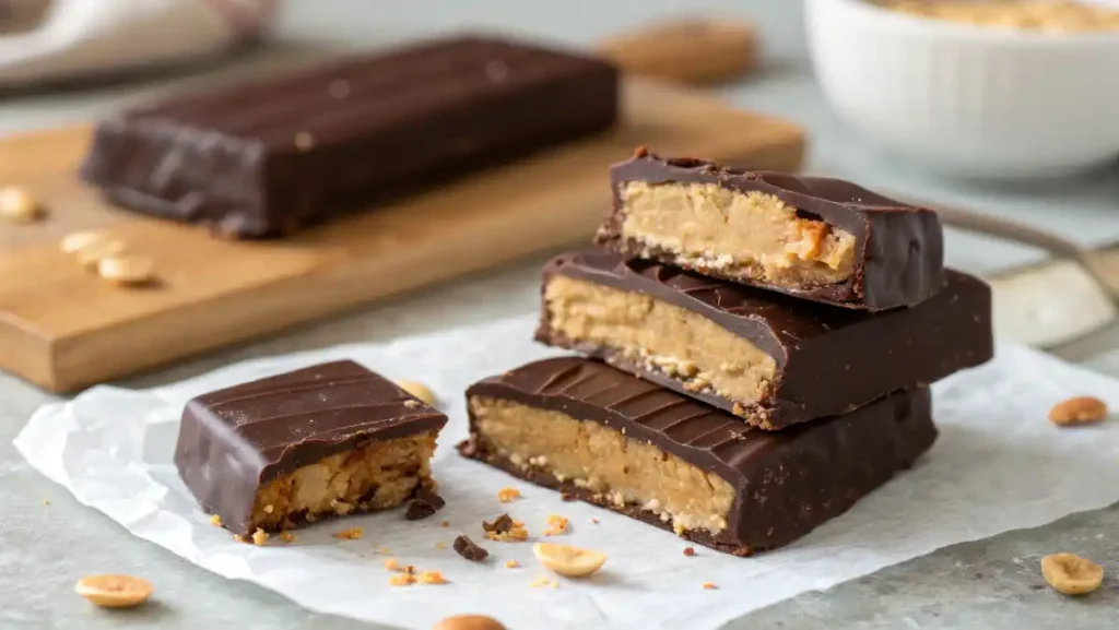 A close-up shot of perfectly sliced keto peanut butter bars stacked on parchment paper, with a glossy dark chocolate topping. One bar has a bite taken out.