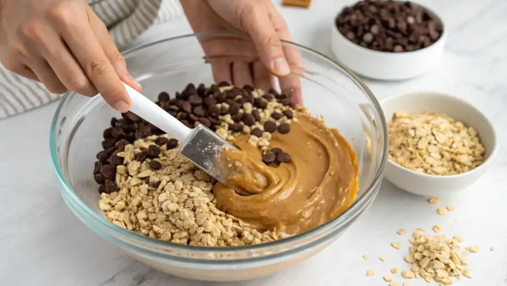 Close-up of hands using a spatula to mix oats, peanut butter, and chocolate chips in a large glass bowl.
