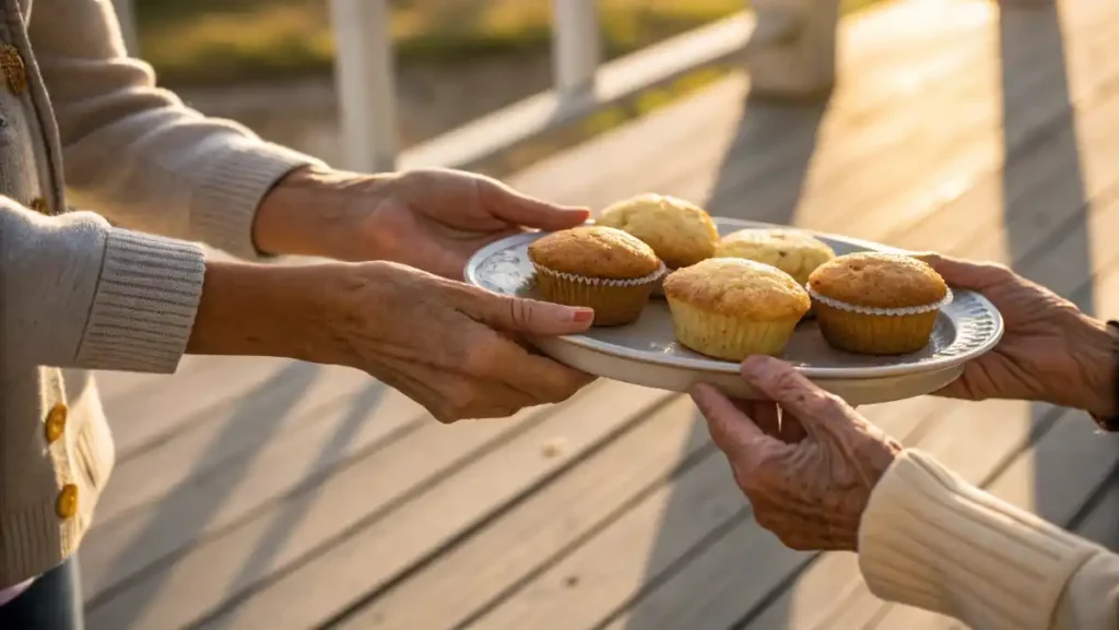 A close-up of an older woman's hand gently accepting a plate with a lemon muffin from a younger woman's hand, symbolizing sharing and community.