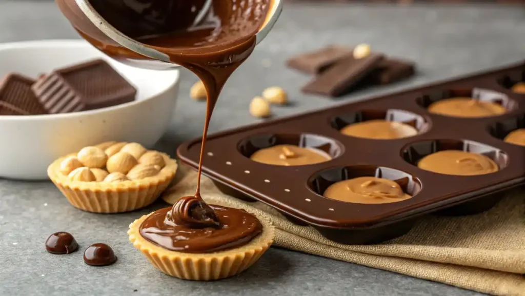 Melted dark chocolate being poured over a peanut butter base, a key step in making these no-bake sweet treats for a party.