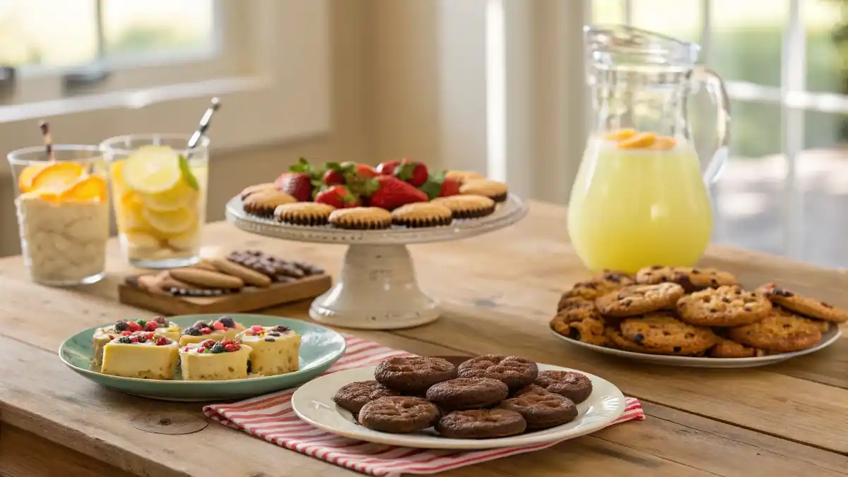 A beautiful spread of sweet treats for a party, including cookies, bars, and yogurt bark on a rustic wooden table.
