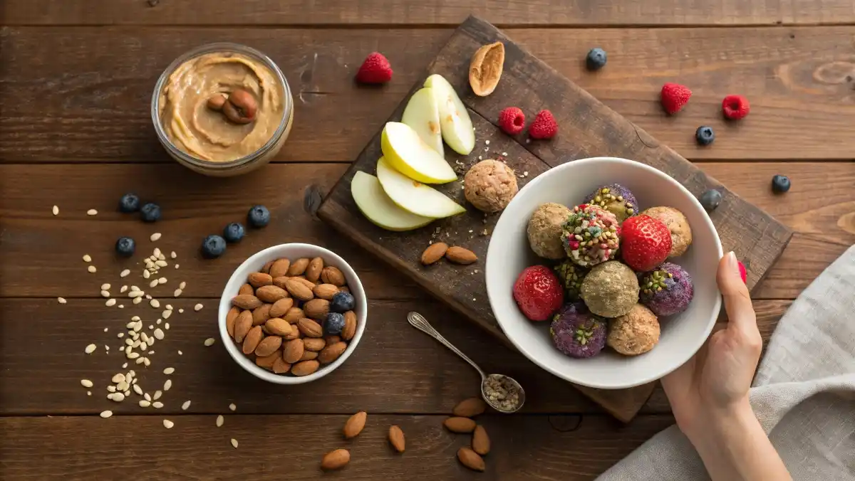 A warm, overhead flat lay of healthy snacks on a rustic wooden table, including peanut butter energy bites, a greek yogurt parfait, and apple slices with almond butter.