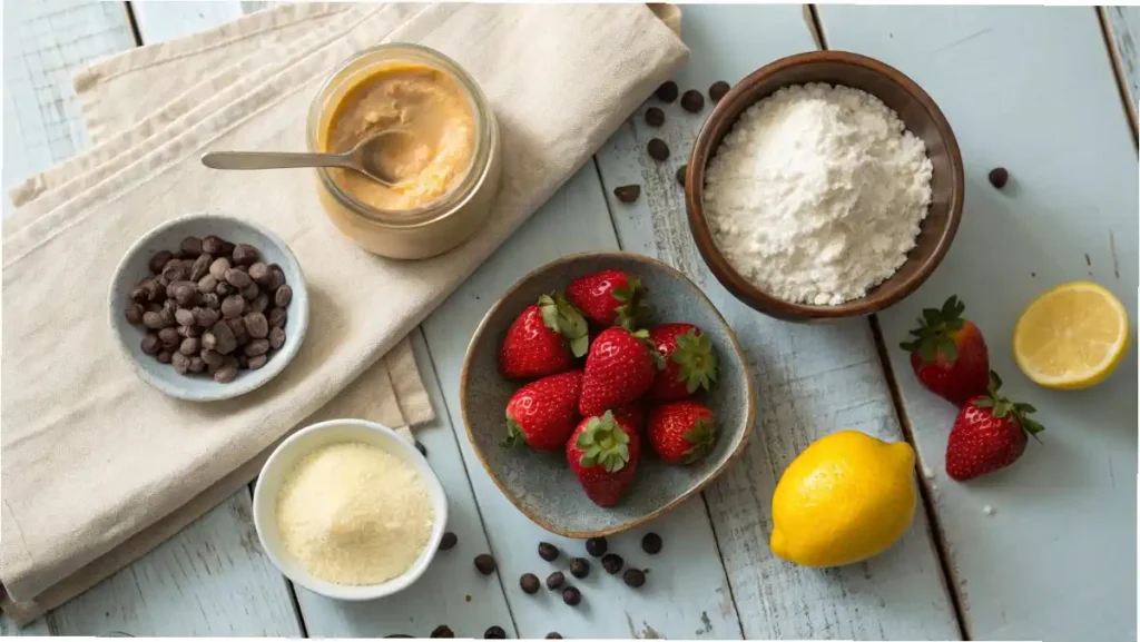 A flat lay photo on a wooden table showing essential keto baking ingredients: almond flour, erythritol, cream cheese, fresh strawberries, and dark chocolate chips.