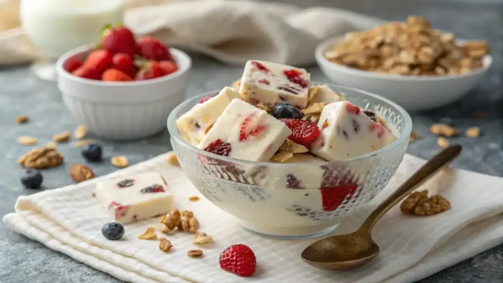 Frozen shards of Greek yogurt bark with berries, a healthy and refreshing sweet treat for a party, served in a chilled bowl.