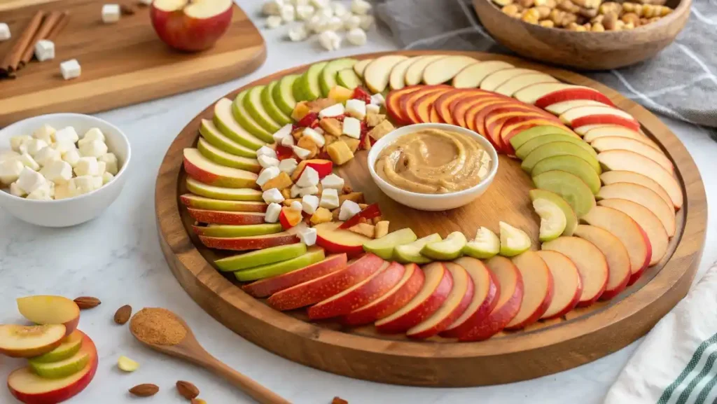 A platter of apple nachos drizzled with peanut butter, a fun and healthy sweet treat for a party that's ready in minutes.