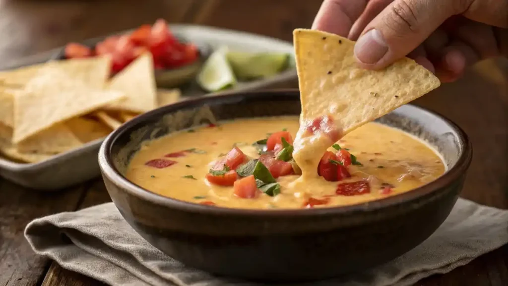 Hand dipping a tortilla chip into a warm bowl of spicy queso dip, lifting a scoop of the creamy melted cheese sauce.