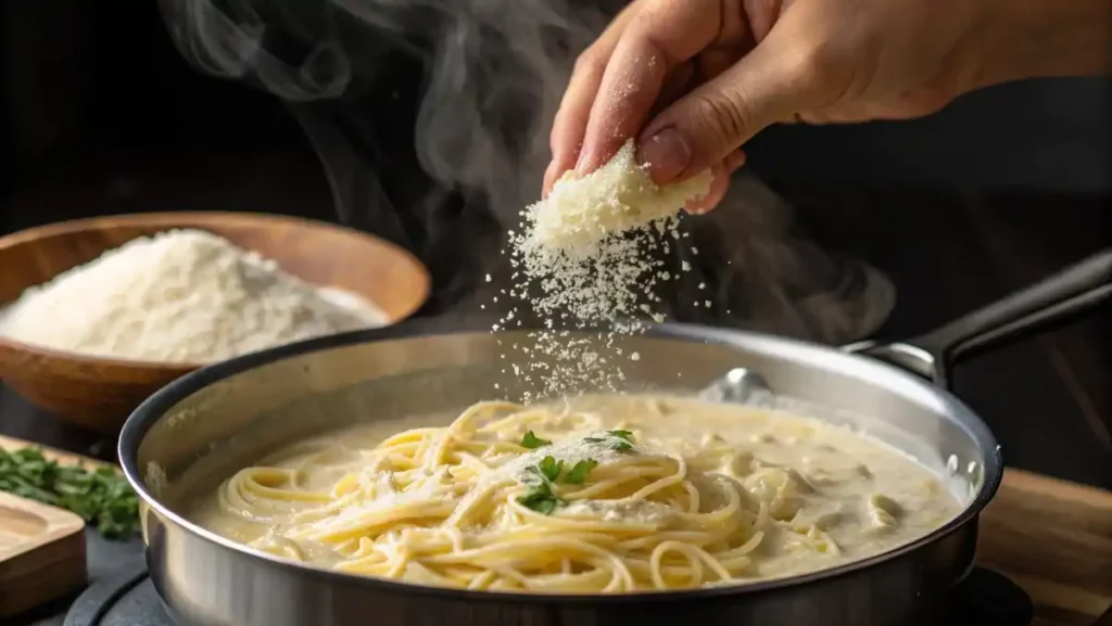 Hand sprinkling freshly grated Parmesan cheese into a rich, creamy Alfredo sauce in a saucepan, made with cream cheese for extra smoothness.