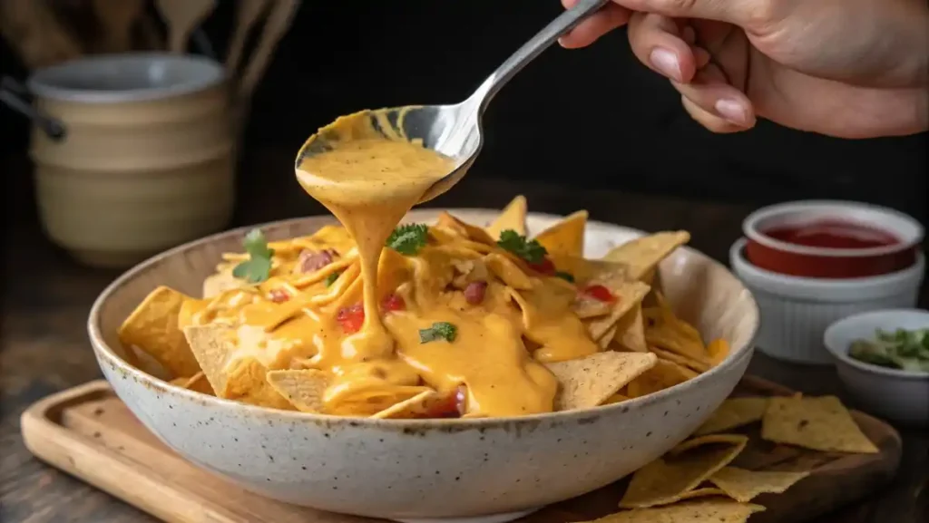 A spoonful of thick, creamy, golden classic cheddar cheese sauce being drizzled over a pile of crispy tortilla chips.