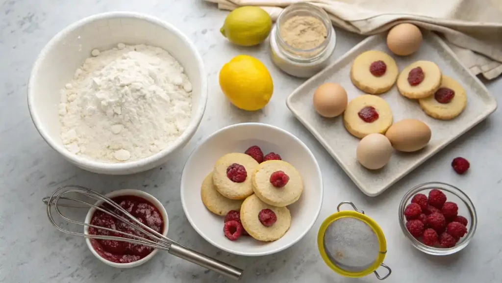 A flat lay of fresh ingredients for lemon raspberry sweet treats for a party, including flour, eggs, and a pot of raspberry jam.