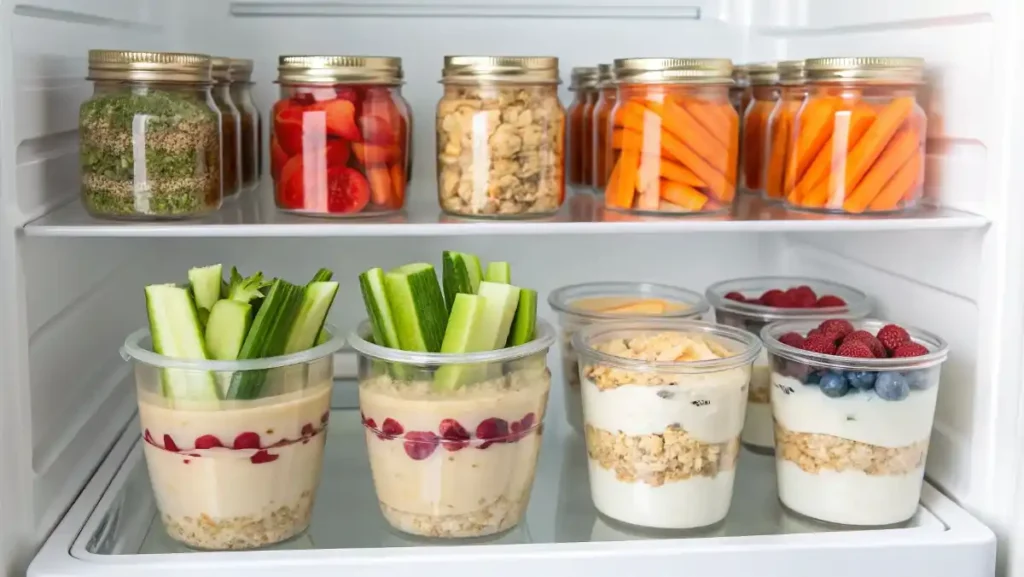 An organized refrigerator shelf with meal-prepped healthy snacks, including energy bites, yogurt parfaits, and veggie cups in airtight containers.