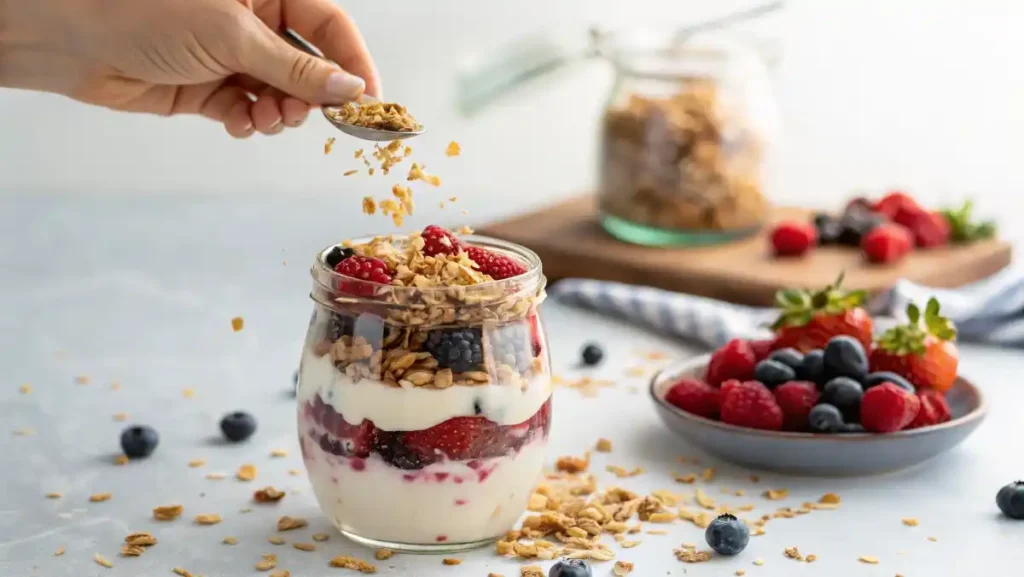 A hand sprinkling crunchy granola into a glass jar layered with greek yogurt and mixed berries.