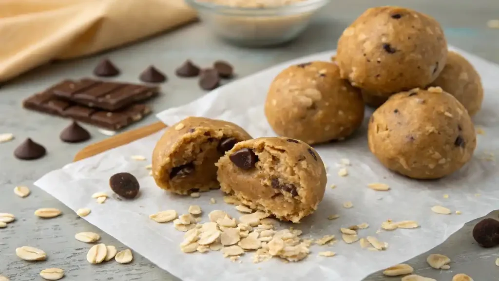 A close-up of perfectly formed no-bake peanut butter energy bites on parchment paper, with one cut in half to show the texture.