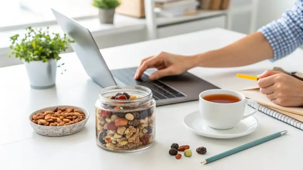 A jar of homemade trail mix and a cup of tea on a clean desk next to a laptop, representing a healthy work snack.