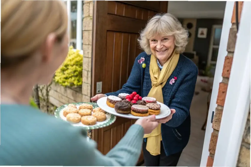 Auntie Cynthia offering a plate filled with homemade sweet treats for a party directly to the viewer with a warm smile.