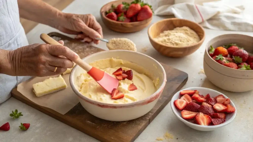 A close-up action shot of hands using a silicone spatula to fold chopped strawberries into a creamy cheesecake mixture in a ceramic bowl.