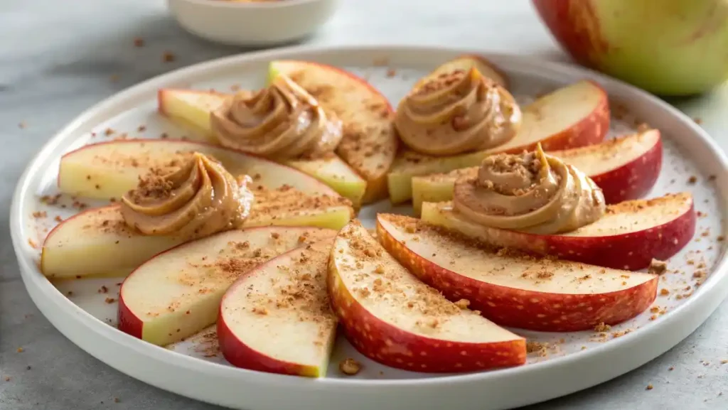 Crisp apple slices arranged on a white plate, topped with creamy almond butter and a sprinkle of cinnamon.