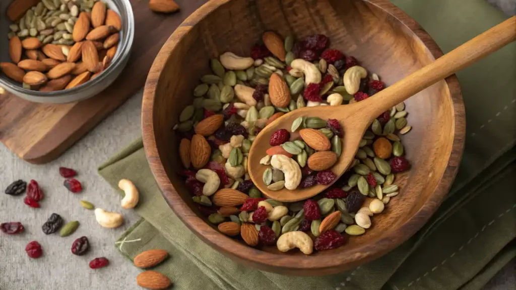 A large wooden bowl filled with a healthy trail mix of raw almonds, cashews, dried cranberries, and pumpkin seeds.