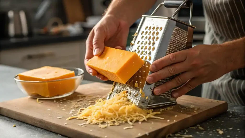 Close-up of hands grating a block of sharp cheddar cheese with a box grater, creating a pile of fresh shreds for a smooth homemade cheese sauce.
