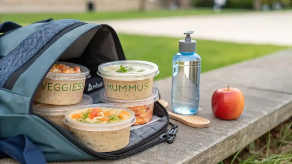 Portable veggie and hummus cups packed in an open backpack next to a water bottle, ready for an adventure.