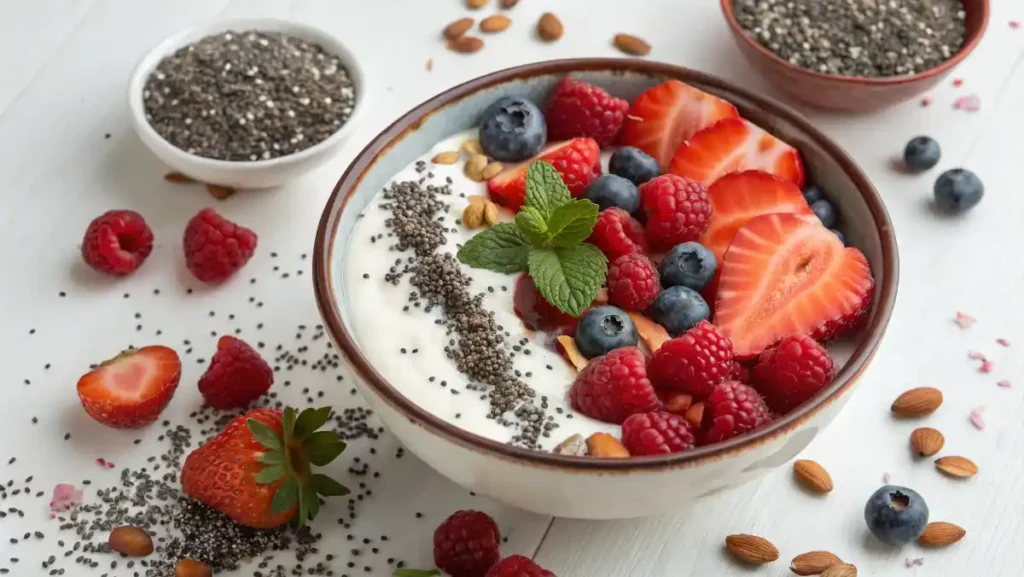 Healthy Greek Yogurt Snacks: Vegan yogurt bowl with berries and seeds