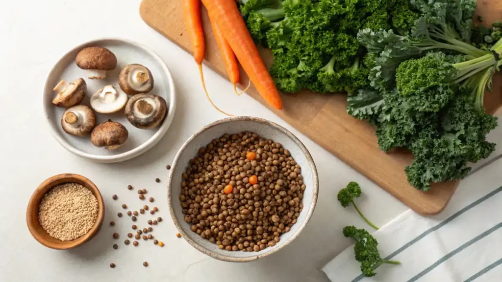 A bright, clean flat lay of ingredients for a vegetarian lentil ragu, including brown lentils, cremini mushrooms, carrots, and fresh kale.
