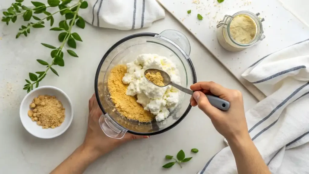 Overhead view of a blender bowl filled with cottage cheese and seasonings, ready to be blended into a healthy, smooth cheese sauce.