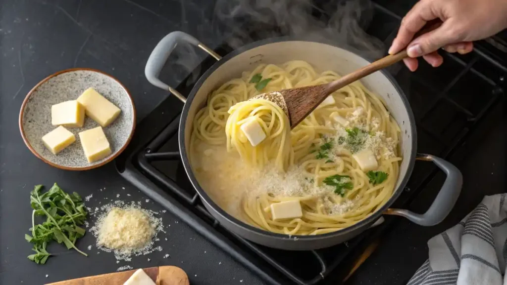 Hand adding cubes of soft cream cheese directly into a pot of hot, drained pasta to create a quick and easy cream cheese pasta sauce.