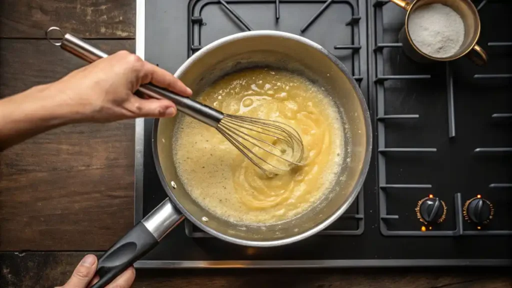Hand whisking a bubbling roux in a heavy-bottomed saucepan, creating the essential base for a creamy classic cheese sauce.