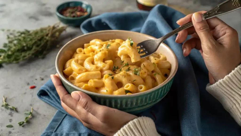 A person's hands holding a warm bowl of homemade mac and cheese made with a rich and creamy cheddar cheese sauce.