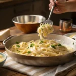 Serving a generous portion of fettuccine with homemade Alfredo Sauce from a skillet into a bowl.