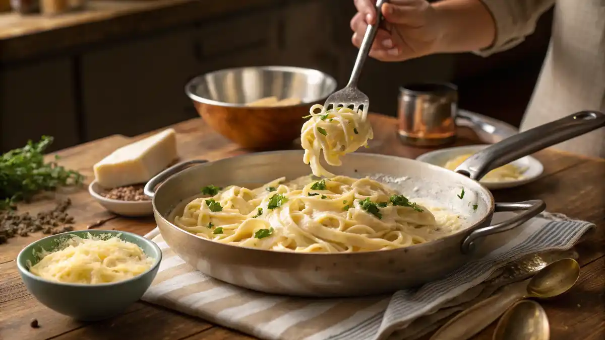 Serving a generous portion of fettuccine with homemade Alfredo Sauce from a skillet into a bowl.